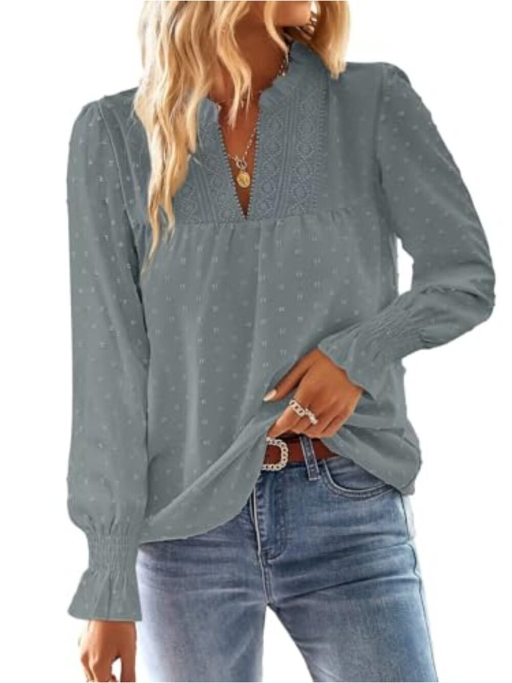 Womens Boho Flowy Blouse Crochet Lace V-Neck Butterfly Sleeve Swiss Dot Top